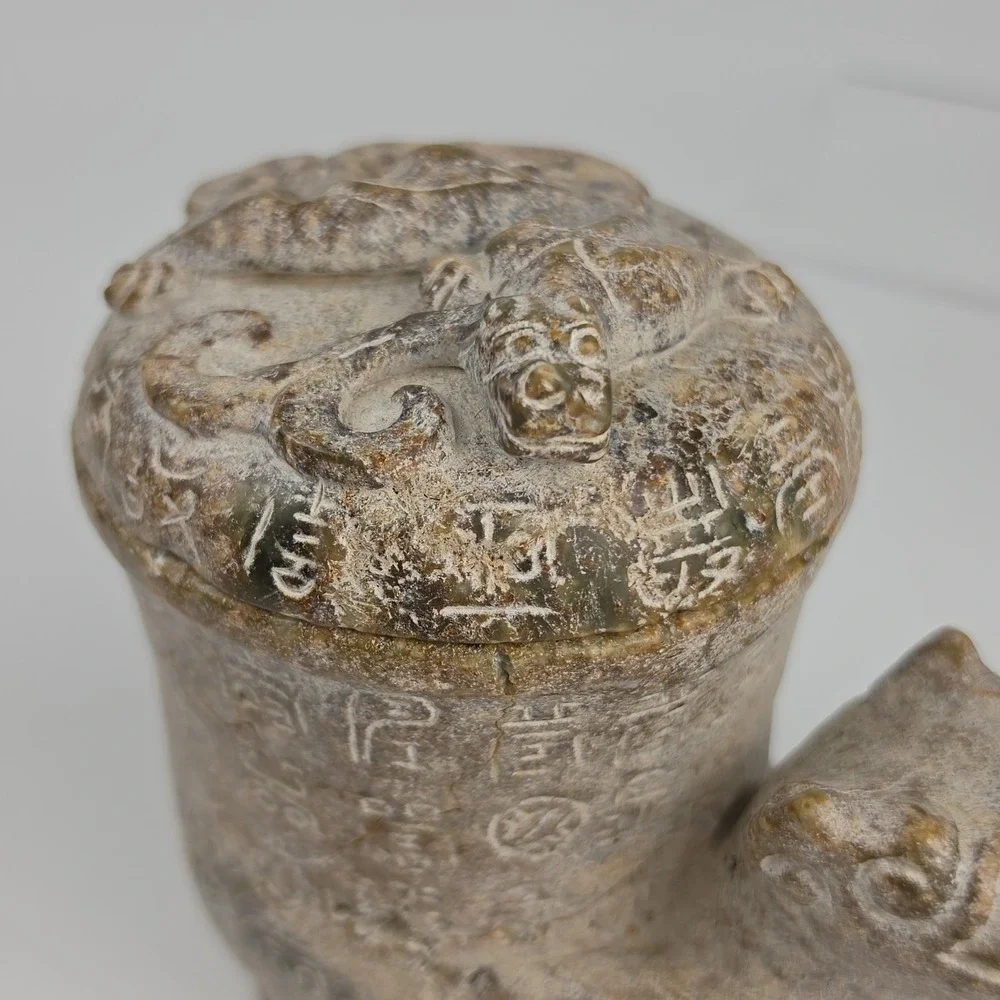 Chinese Carved Stone Gong Vessel Han Dynasty Style Dragon Lid Archaic READ